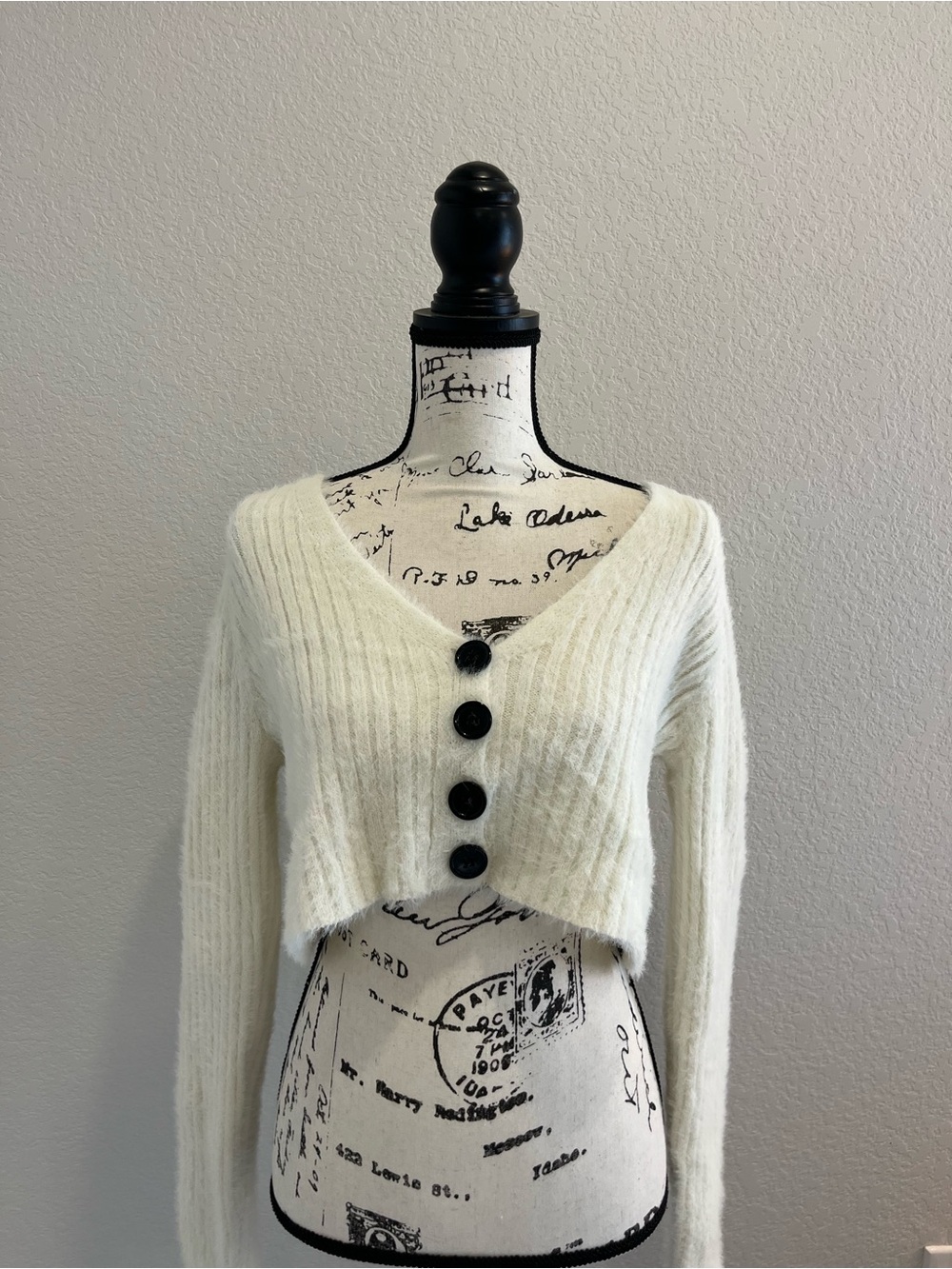 Urban Outfitters Cream Cropped V-Neck Button Sweater with Black Buttons